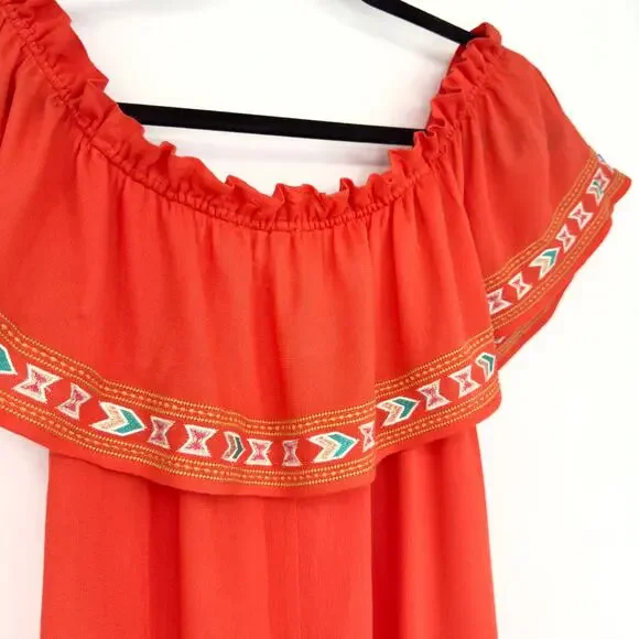THML Orange Embroidered Off Shoulder Ruffle Mini Dress Aztec Festival Beach M - Picture 8 of 13